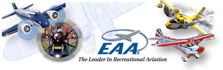 EAA (Experimental Aircraft Association) logo featuring decorative aircraft illustrations including a blue propeller plane and yellow aircraft against a blueprint background
